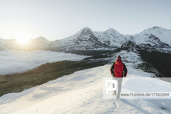 Mann im Schnee mit Blick auf Eiger  Mönch und Jungfrau in der Morgendämmerung  Mannlichen  Jungfrau Region  Kanton Bern  Schweizer Alpen  Schweiz  Europa