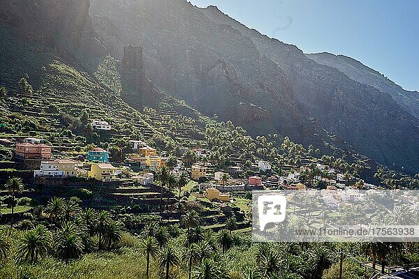 Oberes Tal des Valle Gran Rey  Ackerterrassen und bunte Häuser  La Gomera  Kanarische Inseln  Spanien  Europa