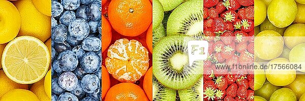 Früchte Frucht Collage Sammlung Hintergrund mit Erdbeeren Erdbeere Zitronen Beeren Beere