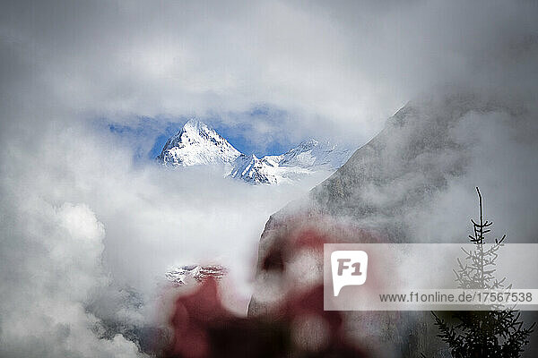Majestätischer  schneebedeckter Eigergipfel im dichten Nebel  Murren  Jungfrau Region  Berner Oberland  Kanton Bern  Schweizer Alpen  Schweiz  Europa