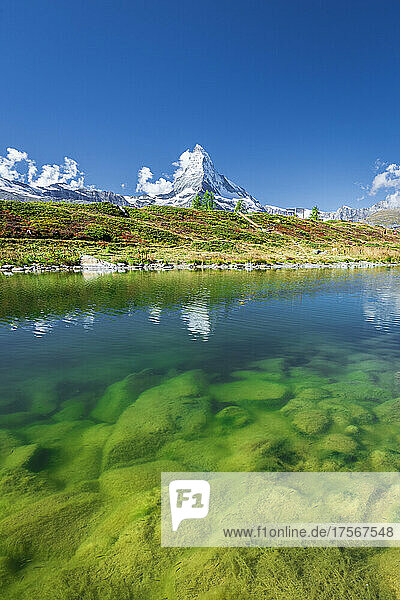 Schneebedeckter Matterhorngipfel spiegelt sich im klaren Wasser des Leisee  Sunnegga  Zermatt  Kanton Wallis  Schweizer Alpen  Schweiz  Europa