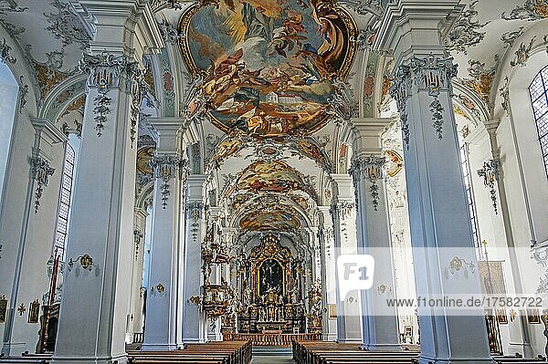 Nave with ceiling frescoes  Church of St. George and St. James  Isny  Allgäu  Bavaria  Germany  Europe