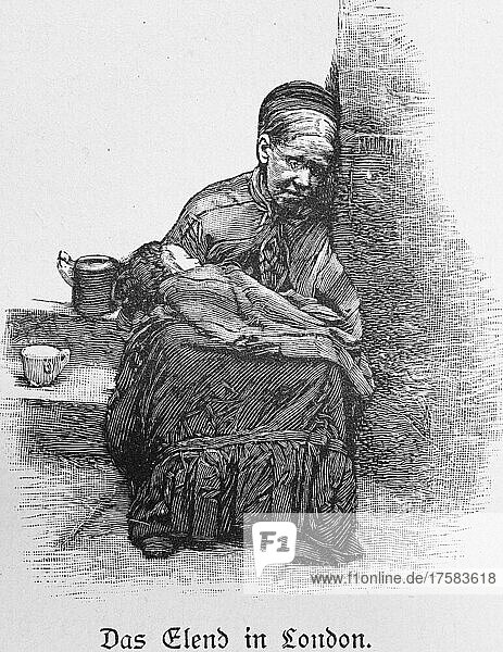 Arme Frau mit Kind  Armut in London  historische Illustration  Holzstich  19. Jh
