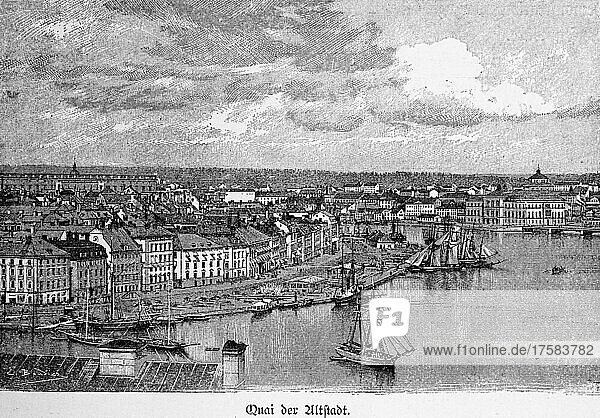 Old town from above with quay  Scandinavia  historical illustration 1897  cityscape with harbour and sailing ships  Stockholm  Sweden  Europe