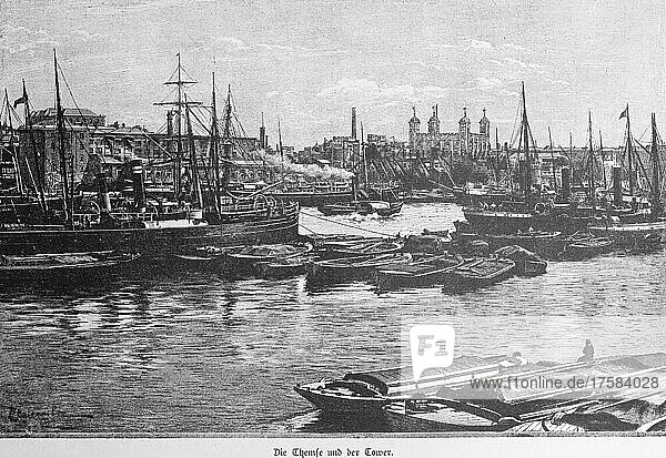 Themse  Schiffe im Hafen  Tower Palast  London  historische Illustration  Holzstich  19. Jh