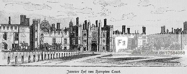 Innenhof  Hampton Court Palace  ehemaliger Palast englischer Könige  London  historische Illustration  Holzstich  19. Jh