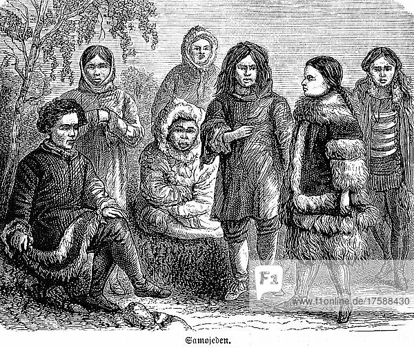 Samojeden  Norden  indigenes Volk  Russland  Kleidung  Fell  Kälte  Männer  Frauen  historische Illustration 1885  Europa