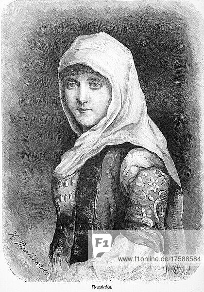 Griechin  Porträt  junge Frau  Kopftuch  Tracht  seitlicher Blick  Schmuck  historische Illustration 1897  Athen  Griechenland  Europa