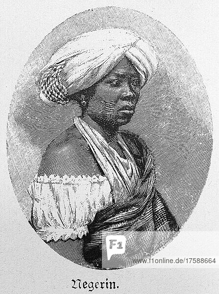 Portrait  woman  black  turban  side view  fear  colonialism  historical illustration from 1897  Rio de Janeiro  Brazil  South America