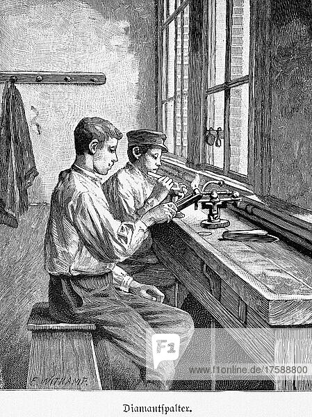 Verarbeitung roher Diamanten  Wirtschaft  Handel  Werkzeug  Werkbank  junge Arbeiter  Amsterdam  Niederlande  historische Illustration von 1897  Europa