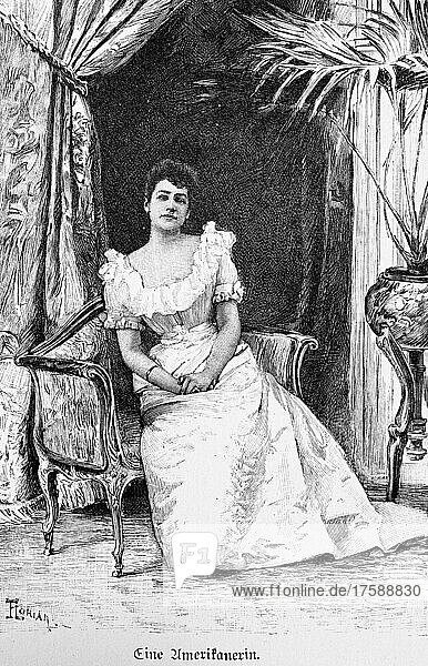 Portrait  woman  from front  flat  content  noble  prosperity  long dress  sofa  curtain  palm tree  flower pot  New York  America  historical illustration from 1897