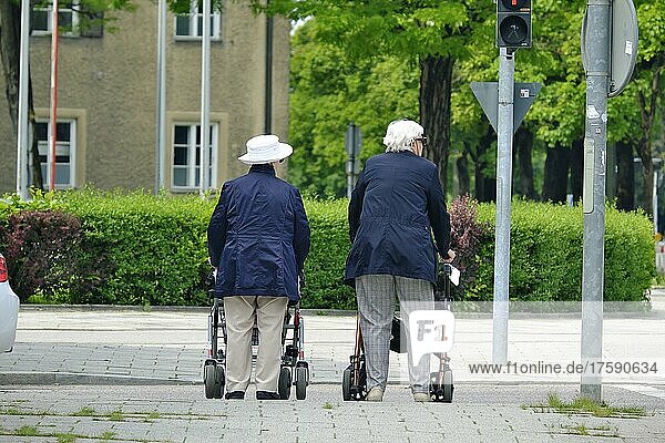 Zwei ältere Damen von hinten  stehen mit Rollator an der Fußgängerampel  München  Bayern  Deutschland  Europa