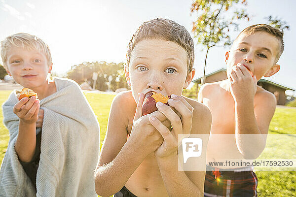 Portrait of shirtless boys (8-9) eating peaches in garden