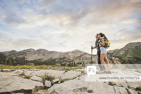 United States  Utah  Alpine  Hiking couple looking at view in mountains