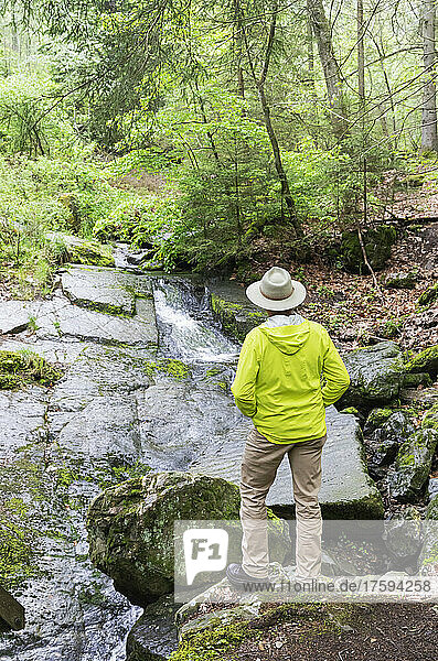 Mann steht auf einem Felsen und blickt auf die Rur im Naturpark Eifel  Monschau  Deutschland