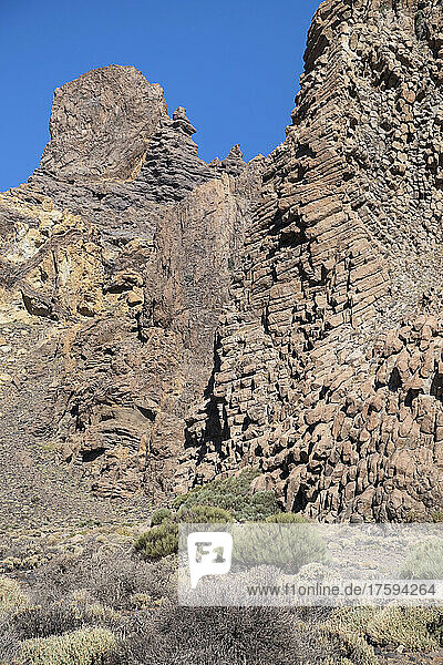 Llano de Ucanca rock face at El Teide National Park on sunny day  Tenerife  Canary Islands  Spain