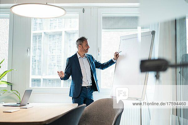 Businessman writing on flipchart in meeting room at office