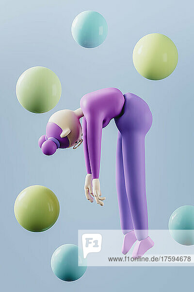 Three dimensional render of female figure and spheres levitating against blue background
