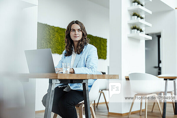 Beautiful young businesswoman with laptop sitting at desk in office