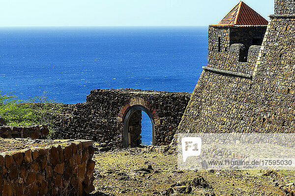 Cape Verde Â SaoÂ Vicente  Mindelo Â Fortified walls of coastal city with Atlantic Ocean in background