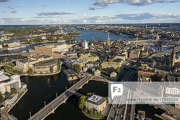 Sweden  Stockholm County  Stockholm  Aerial view of Riddarholmen and Parliament Building with old town in background