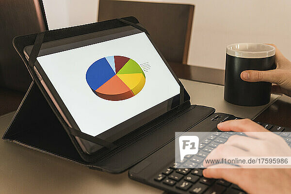 Hände einer Geschäftsfrau  die im Büro einen Tablet-PC verwendet und Diagramme analysiert