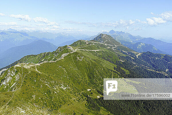 Green mountainous landscape at Caucasus Nature Reserve on sunny day  Sochi  Russia