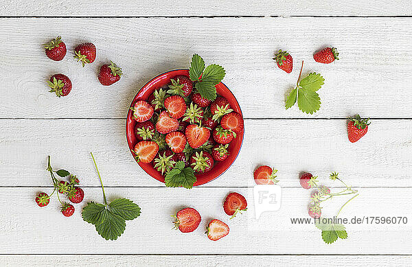 Studio shot of bowl of ripe freshly picked strawberries