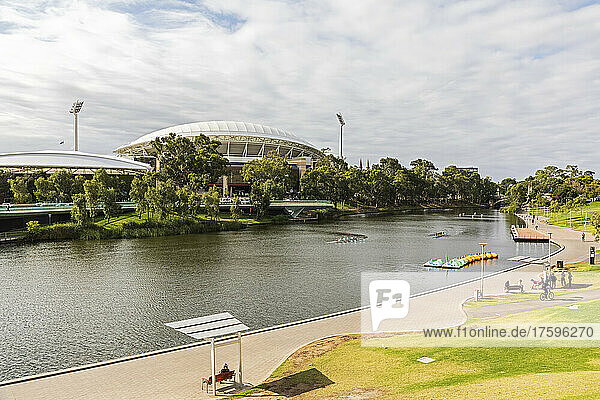 Australia  South Australia  Adelaide  Elder Park riverside promenade with Adelaide Oval in background