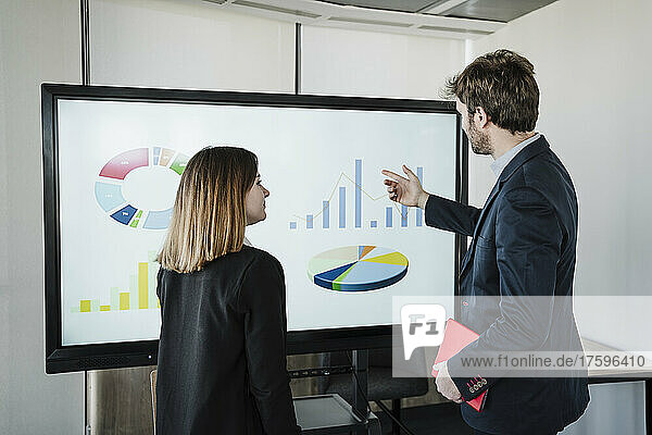 Businessman discussing graph and pie chart with colleague in coworking office