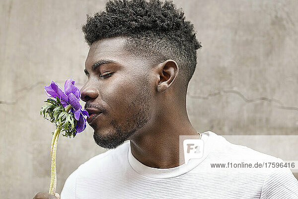 Young man smelling purple flower in front of wall