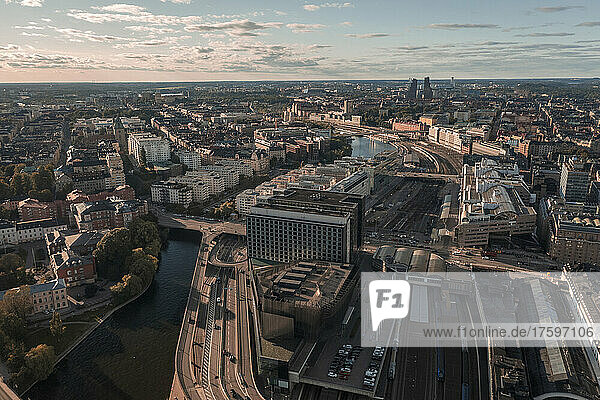 Sweden  Stockholm County  Stockholm  Aerial view of downtown area aroundÂ Stockholm Central Station at dusk