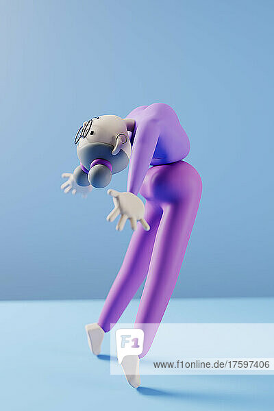 Three dimensional render of female figure dancing passionately against blue background