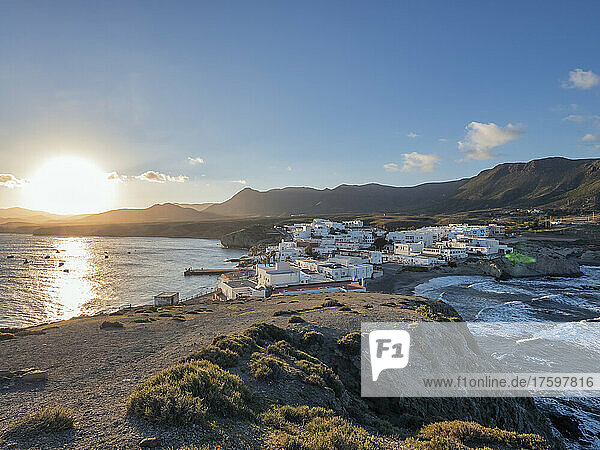 Spain  Province of Almeria  Isleta del Moro  Fishing village in Cabo de Gata at sunset