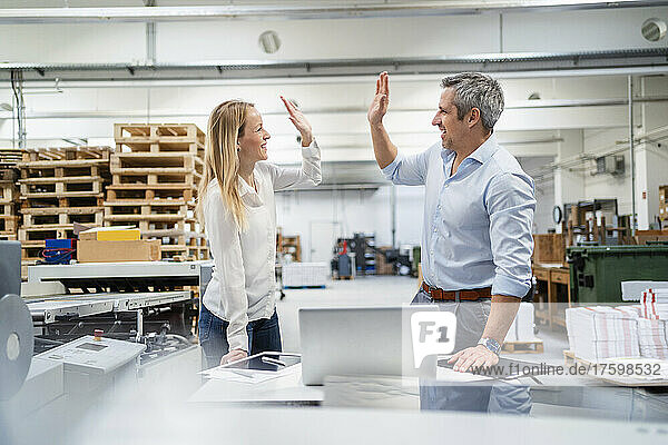 Smiling businesswoman and businessman giving high-five to each other at desk in factory