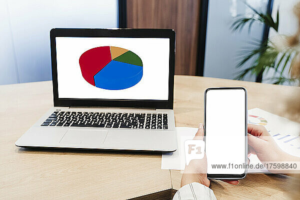Hände einer Geschäftsfrau  die im Büro einen leeren Smartphone-Bildschirm neben einem Laptop mit Kreisdiagramm zeigt