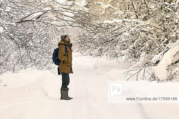 Male hiker standing in middle of snow covered forest road