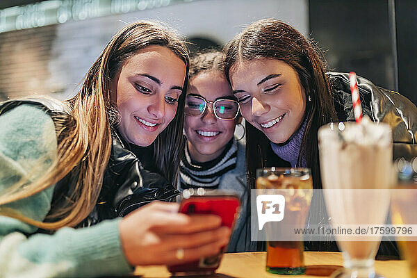 Smiling young women sharing smart phone in cafe