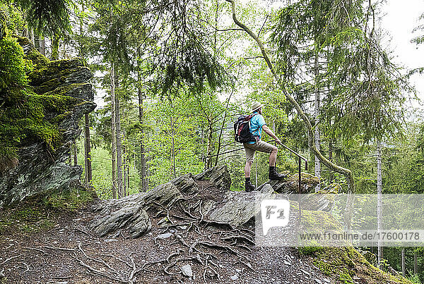 Senior hiker standing on rock by railing in forest