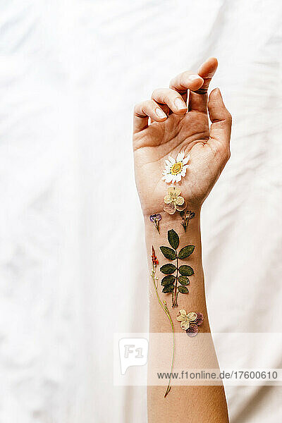 Flowers arranged on woman's hand