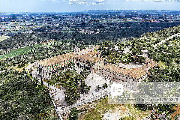 Spain  Mallorca  Helicopter view of Sanctuary of Cura situated on summit of Puig de Randa in summer