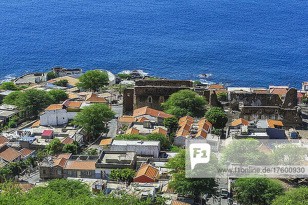 Cape Verde  Sao Vicente  Mindelo  Houses of coastal city with Atlantic ocean in background