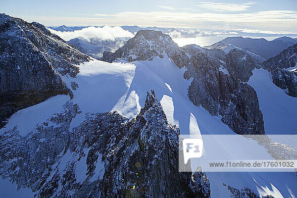 Argentina  Tierra del Fuego  Ushuaia  Helicopter view of peaks in Andes