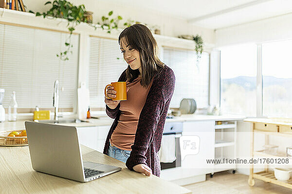 Freelancer with mug looking at laptop in kitchen at home