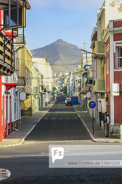 Cape Verde  Sao Vicente  Mindelo  Empty city street with mountain in background