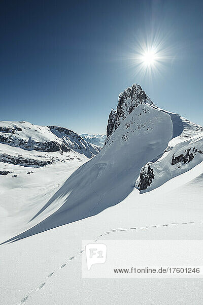 Sun shining over animal tracks in snowcapped Rofan Mountains