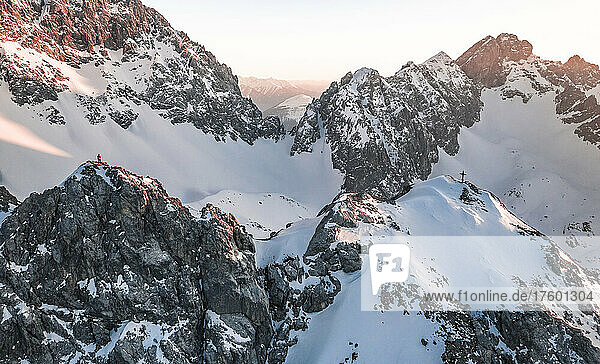 Tourist on snow covered mountain in winter vacation  Vorderer Tajakopf  Ehrwald  Tirol  Austria