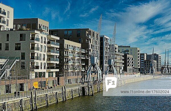 Wohngebäude  Hafenkräne  Überseequartier  Hamburg  Deutschland  Europa
