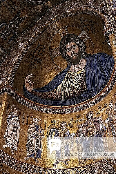 Image of Christ  mosaic in Monreale Cathedral  Duomo di Monreale  near Palermo  Sicily  Italy  Europe