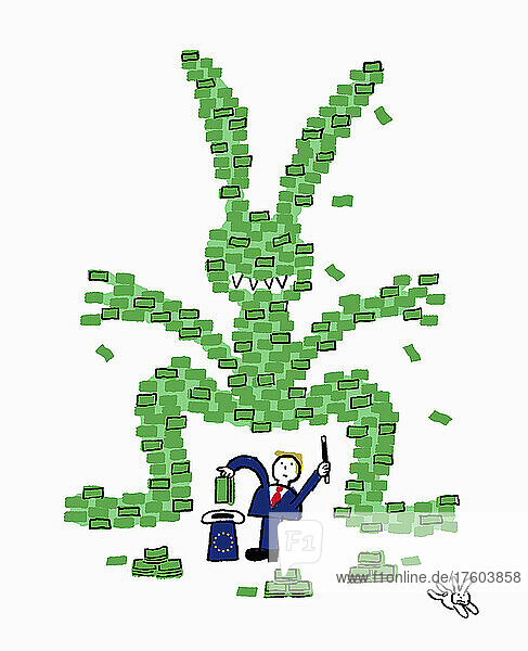 Geschäftsmann zieht Monstergeld in Form eines Kaninchens aus einem EU-Hut